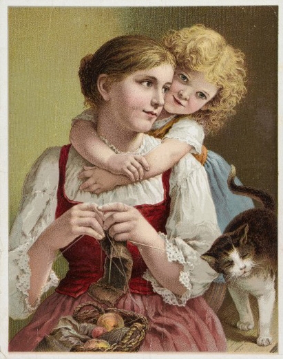 Mother knitting and young daughter with cat