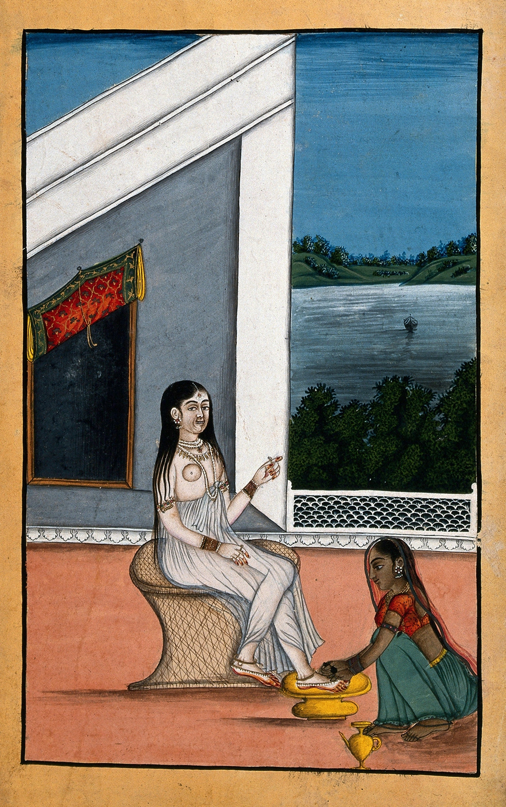 A brightly coloured painting with a woman sitting in the foreground with another woman at her feet, and a white house and lake in the background.