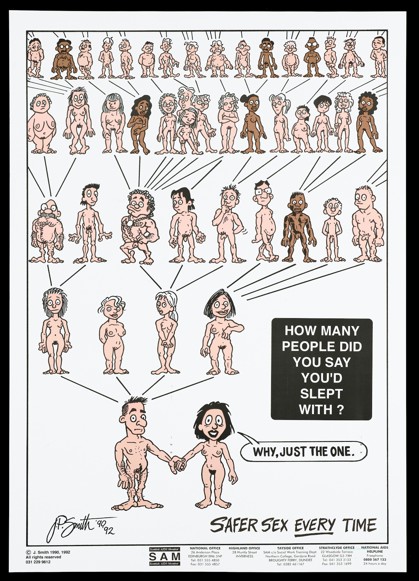 Numerous naked figures laid out in the form of a family tree. Lettering says: How many people did you say you slept with? The woman responds, "Why, just the one."
