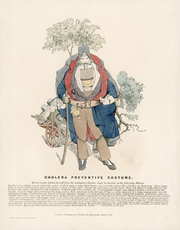 The print shows a man dressed in a 'cholera preventive costume'. He is wearing many layers of clothing in many different colors. He is also wearing a piece of breathing apparatus and he is carrying to small trees.  Behind him is a cart full of equipment. 