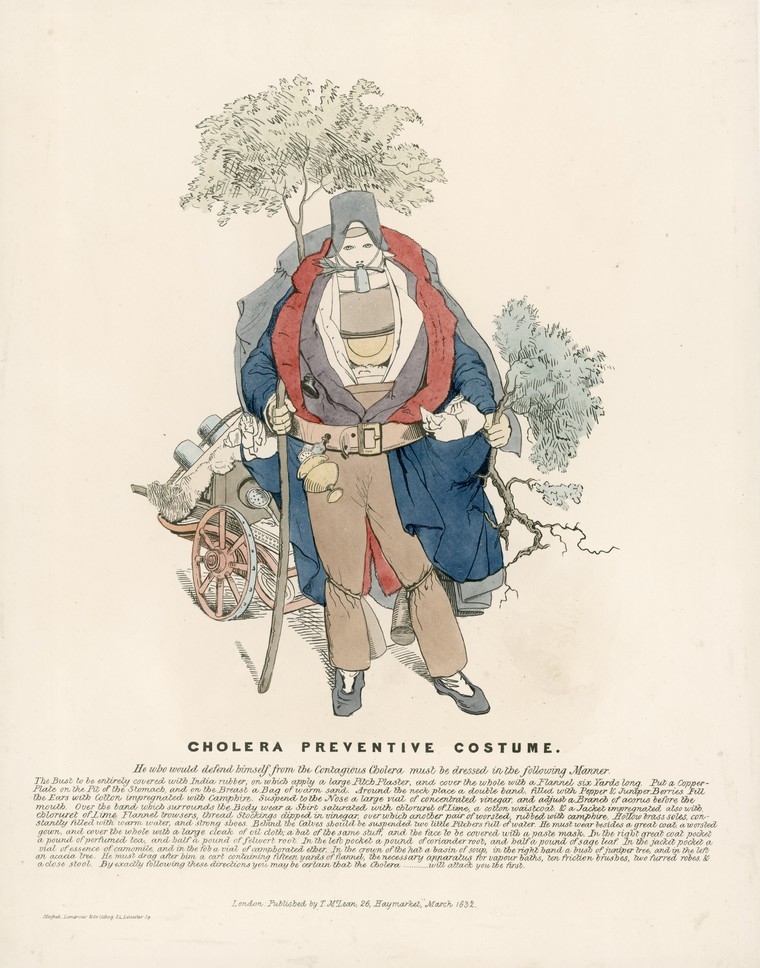 The print shows a man dressed in a 'cholera preventive costume'. He is wearing many layers of clothing in many different colors. He is also wearing a piece of breathing apparatus and he is carrying to small trees. Behind him is a cart full of equipment.