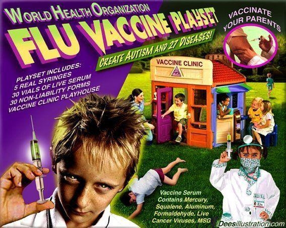 A mock advert for a child's 'Flu vaccine playset' warning of the dangers of vaccination.