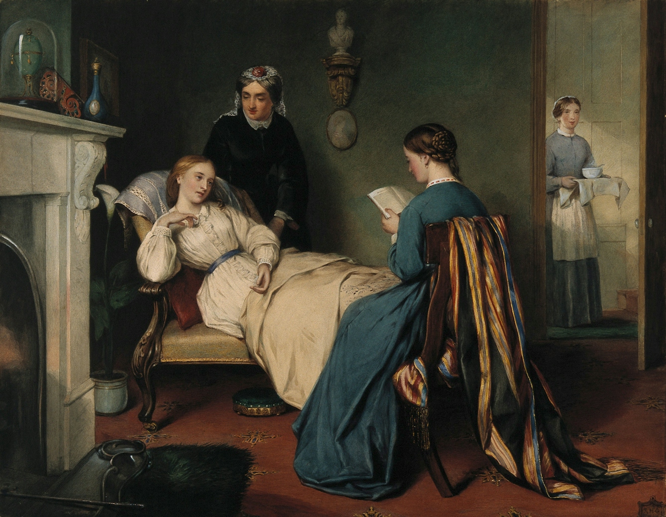 Colour painting of a young girl reclining while being attended to by three women.