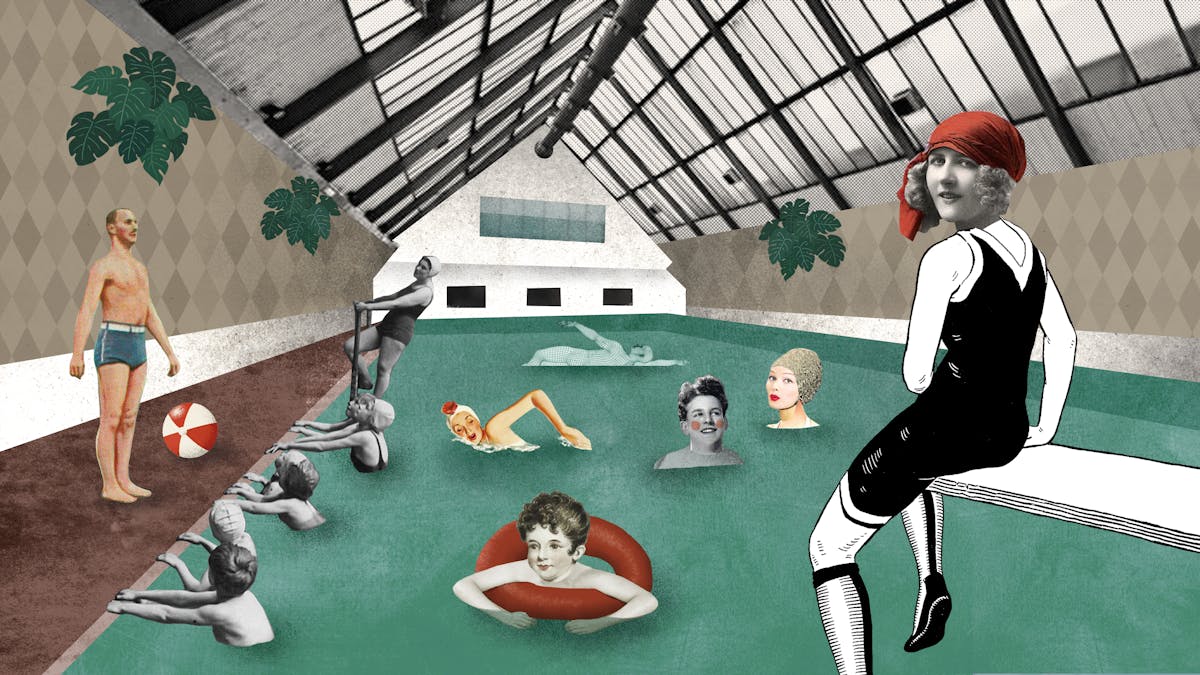 Collage illustration showing the Peckham Health centre. People standing and sitting on the site of the indoor pool and swimming in it.