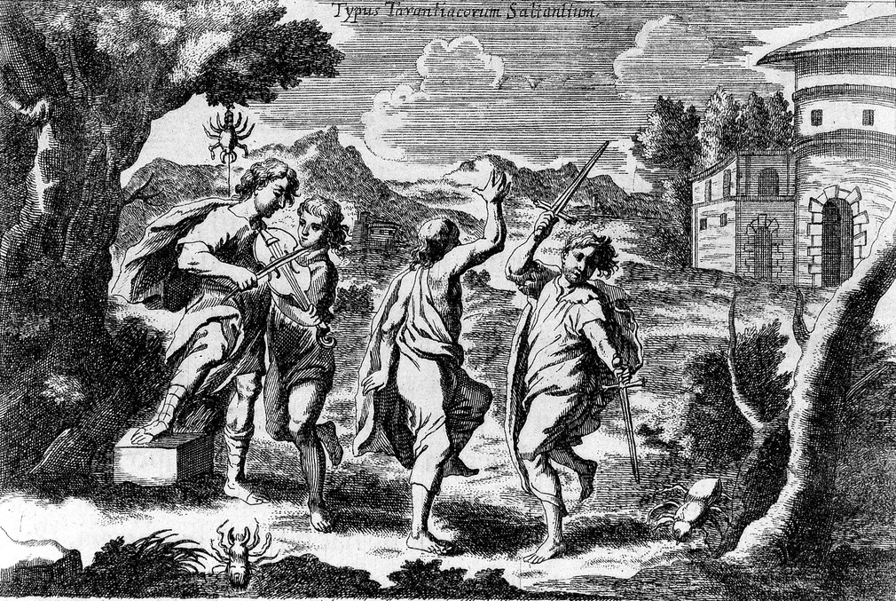 Black and white etching of four men in a wooded area dancing, one of them is waving a sword in each hand and another is playing a violin
