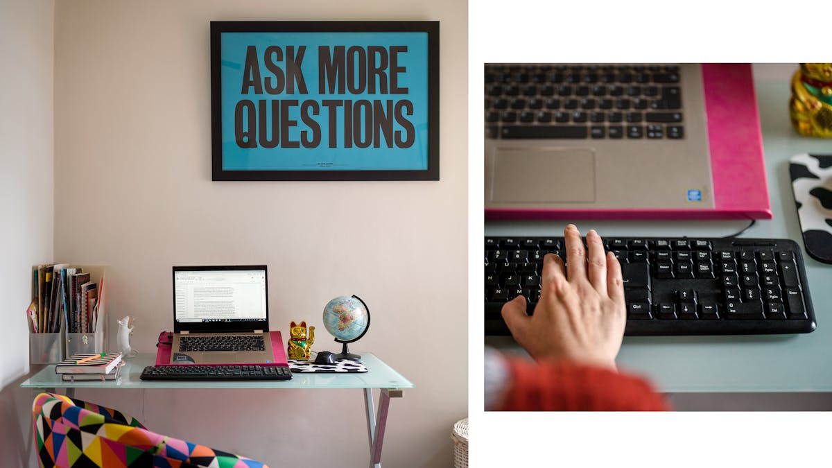 Photographic diptych showing a desk with a laptop, keyboard, notebooks and a globe, on the left and a close-up of a hand typing on a keyboard on the right.