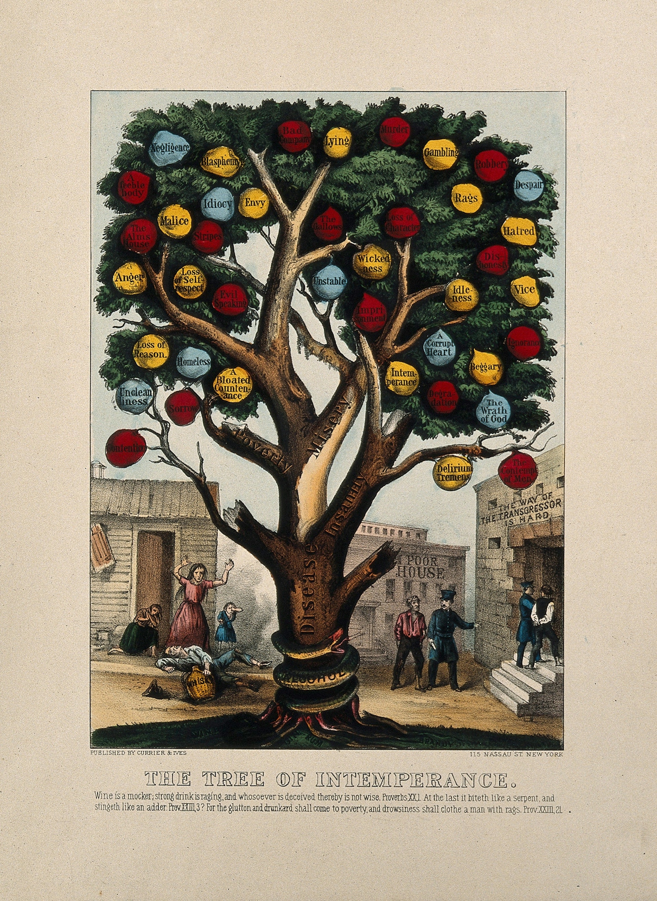 Colour lithograph depicting the tree of intemperance with fruit labelled with negative consequences of drinking including rags, hatred, despair, loss of self-respect and a bloated countenance.