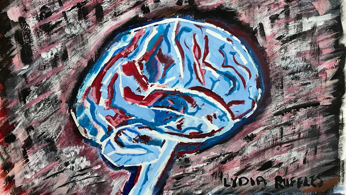 Painting of the human brain, in blues, reds, blacks and whites.