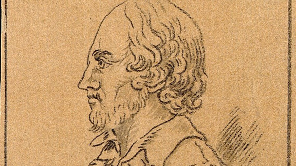 Drawing of William Shakespeare in profile view, brown background.