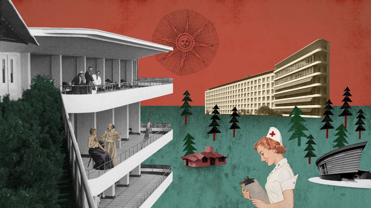 Collage illustration showing the Paimio Sanitorium in Findland, with people sitting on the balconies, enjoying the fresh air and with lots of pine trees around.