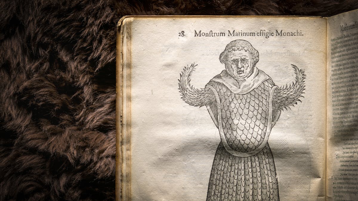 Photograph of an illustration in a 17th century early printed book, of an imagined monster. Behind the book is a brown fur background.