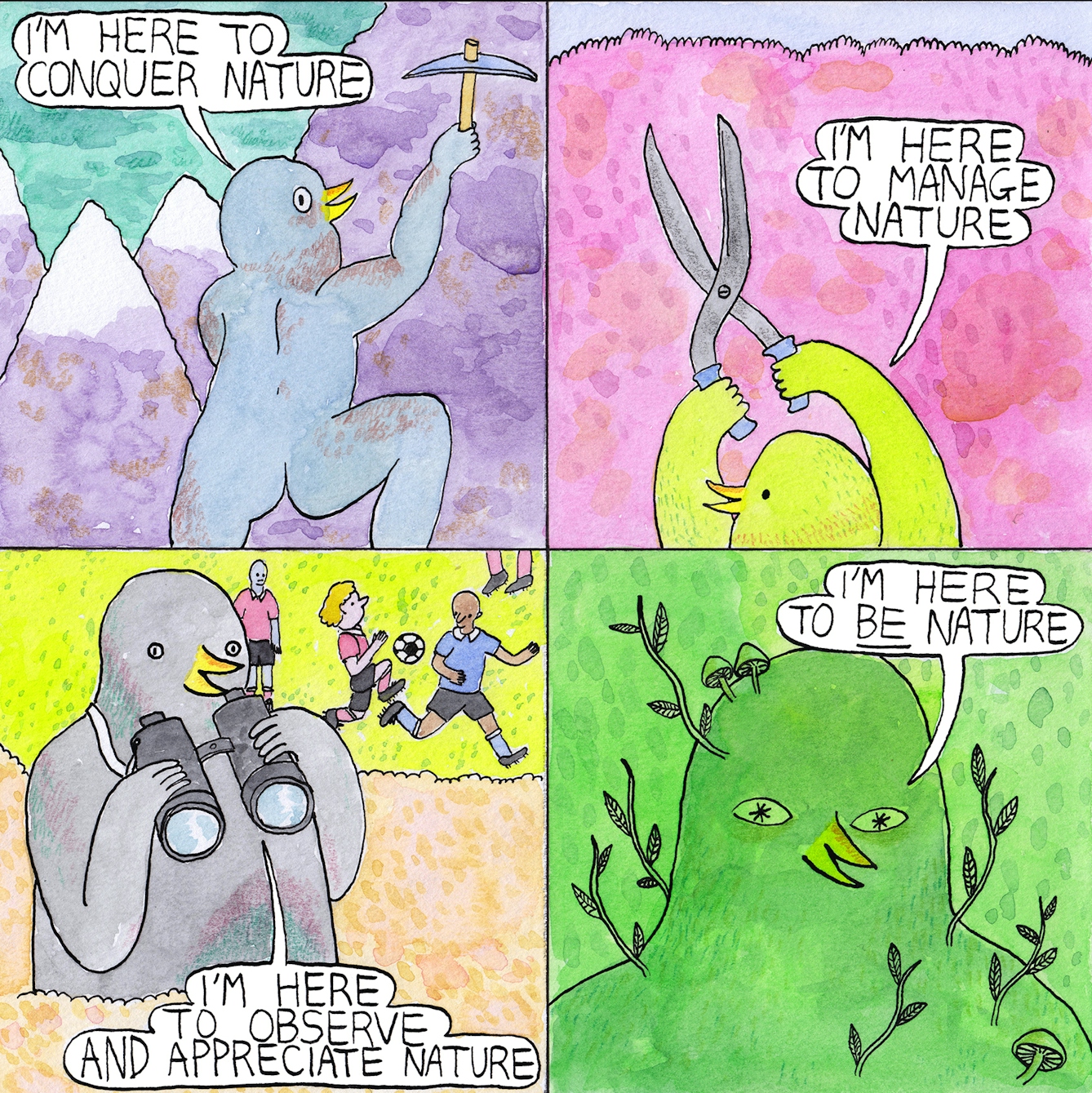 Nature comic by Rob Bidder showing four scenes. The first depicts a figure climbing a mountain; someone snipping a hedge; a figure holding a binocular while people play football in the background and finally a green figure blending into the background as shoots sprout from them.