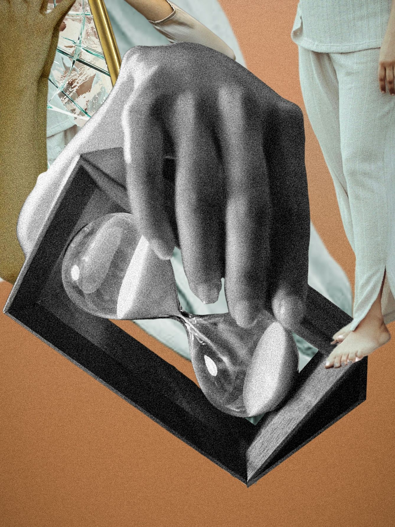 Detail from the larger digital collage artwork at the top of the page. This detail shows the large hand reaching for an hour glass.