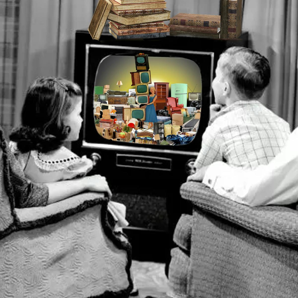 Digital collage showing a family of four (a mother, father and a young boy and girl) sat on two armchairs watching an old fashioned television in black and white. On the television screen there are lots of household objects crowded together and stack on top of one another haphazardly. There are some ornate hardback books piled up on top of the television set. 