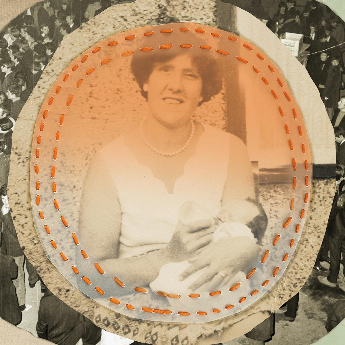 Mix media artwork made up of archive photographs and painted elements. The image shows a sepia toned photograph of a woman from the waist up sitting outside a house with a small baby in her left arm, feeding it with a bottle in her right hand. She is wearing a white sleeveless blouse, a pearl-like necklace and is looking to camera. This photographic print has been cut into a circle a translucent circular sheet placed on top. The two are stitched together with a double row of stitches following the circles. The thread is an orange colour. In a ring around the outside of these two circles is another photograph of a crowd scene from the 1960 where almost everyone has their backs to the camera. Outside of the ring on the right hand side is an area of light green paint. The texture of the brush strokes can be seen. On the right is the texture of archive paper with the words,'THEY DONT CARE' stamped on in.