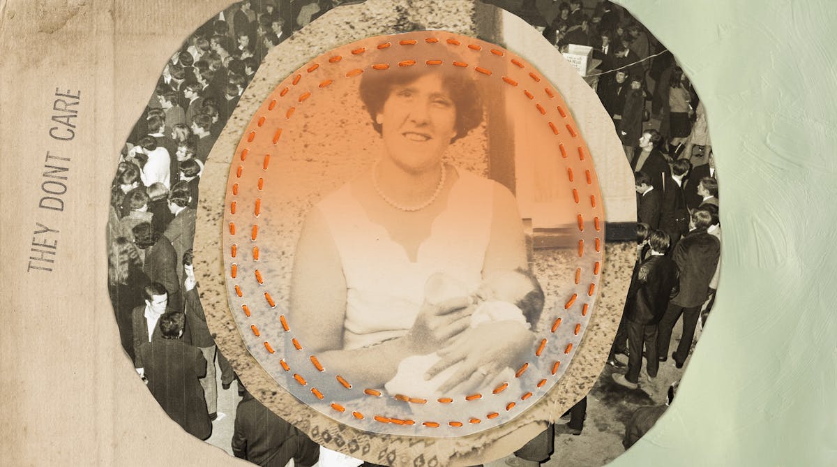 Mix media artwork made up of archive photographs and painted elements. The image shows a sepia toned photograph of a woman from the waist up sitting outside a house with a small baby in her left arm, feeding it with a bottle in her right hand. She is wearing a white sleeveless blouse, a pearl-like necklace and is looking to camera. This photographic print has been cut into a circle a translucent circular sheet placed on top. The two are stitched together with a double row of stitches following the circles. The thread is an orange colour. In a ring around the outside of these two circles is another photograph of a crowd scene from the 1960 where almost everyone has their backs to the camera. Outside of the ring on the right hand side is an area of light green paint. The texture of the brush strokes can be seen. On the right is the texture of archive paper with the words,'THEY DONT CARE' stamped on in.