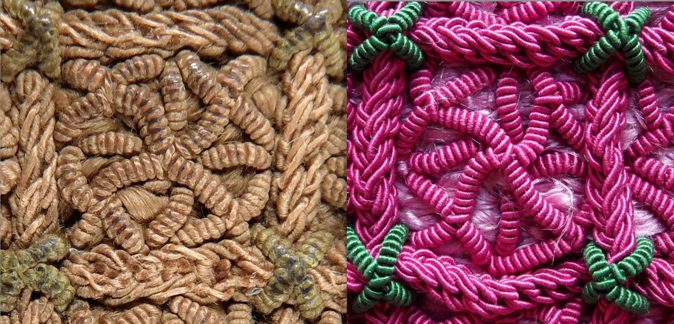 Diptych photograph showing two close-ups of an embroidered almanac cover. The image on the left shows embroidery in a light brown colour. The image on the left shows the same embroidery in a vibrant pink colour, with some green embroidered detailing. 