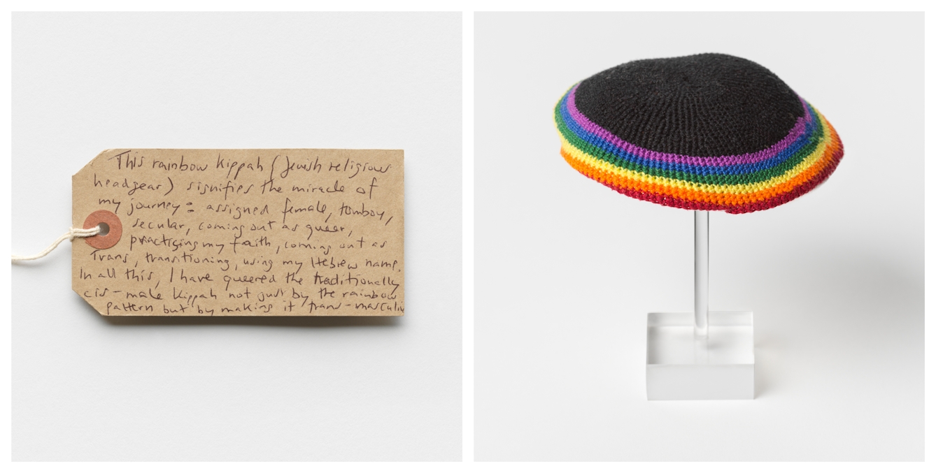Photographic diptych showing a handwritten brown card label on the left and a rainbow kippah on the right.