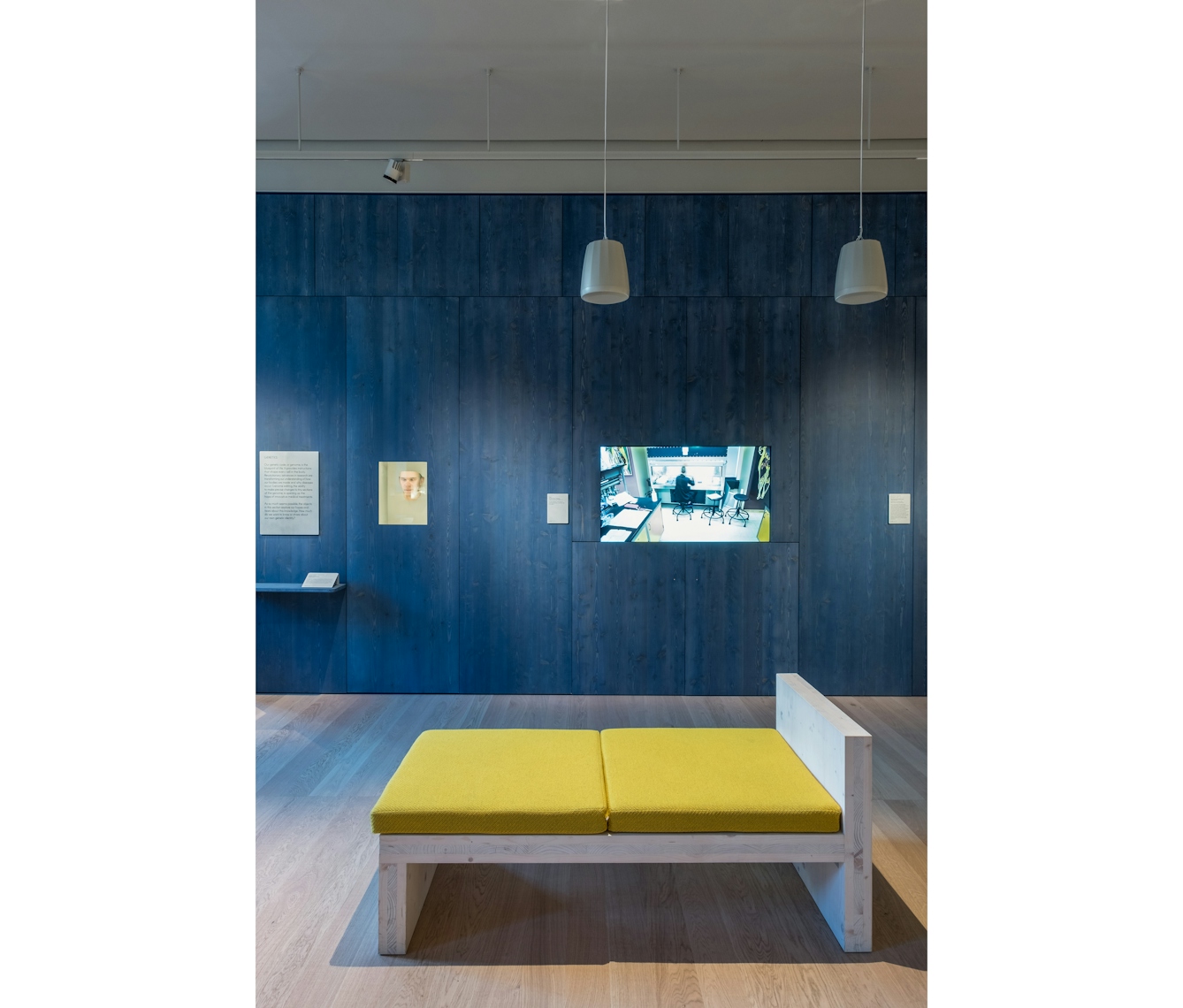 A photograph showing a wooden bench with yellow cushions in front of a large tv screen embedded in a dark blue wood panelled wall with two speakers hanging on long cords from the ceiling.