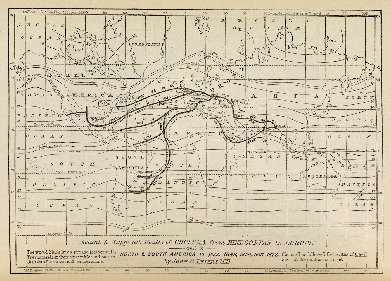 Actual & supposed routes of cholera from Hindoostan to Europe and North America