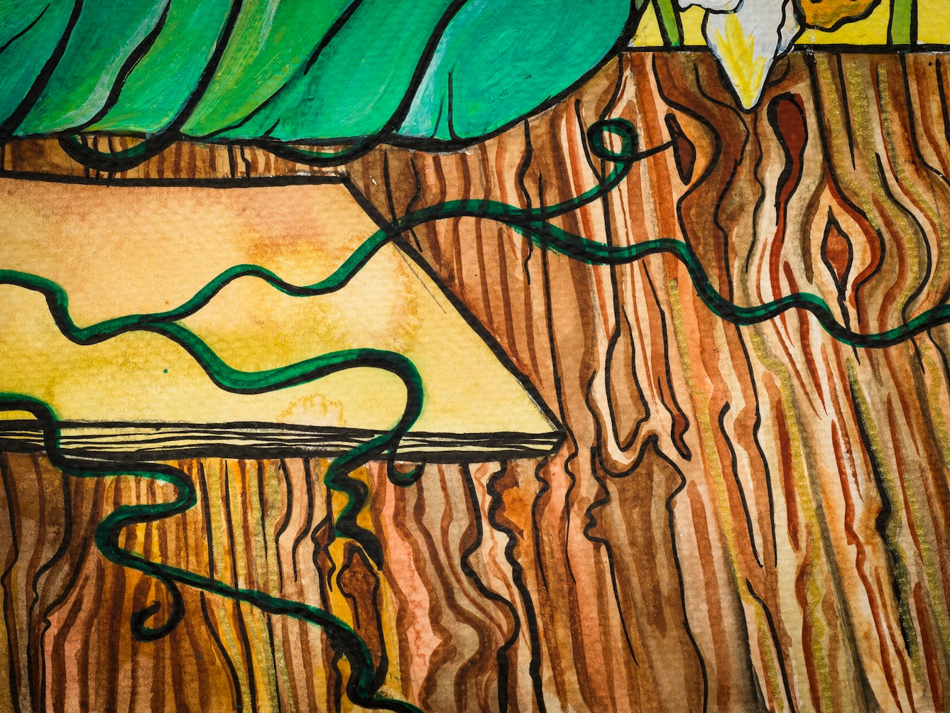 Detail from a larger colourful artwork. The artwork shows vines extending across a notebook page, onto a wooden table.