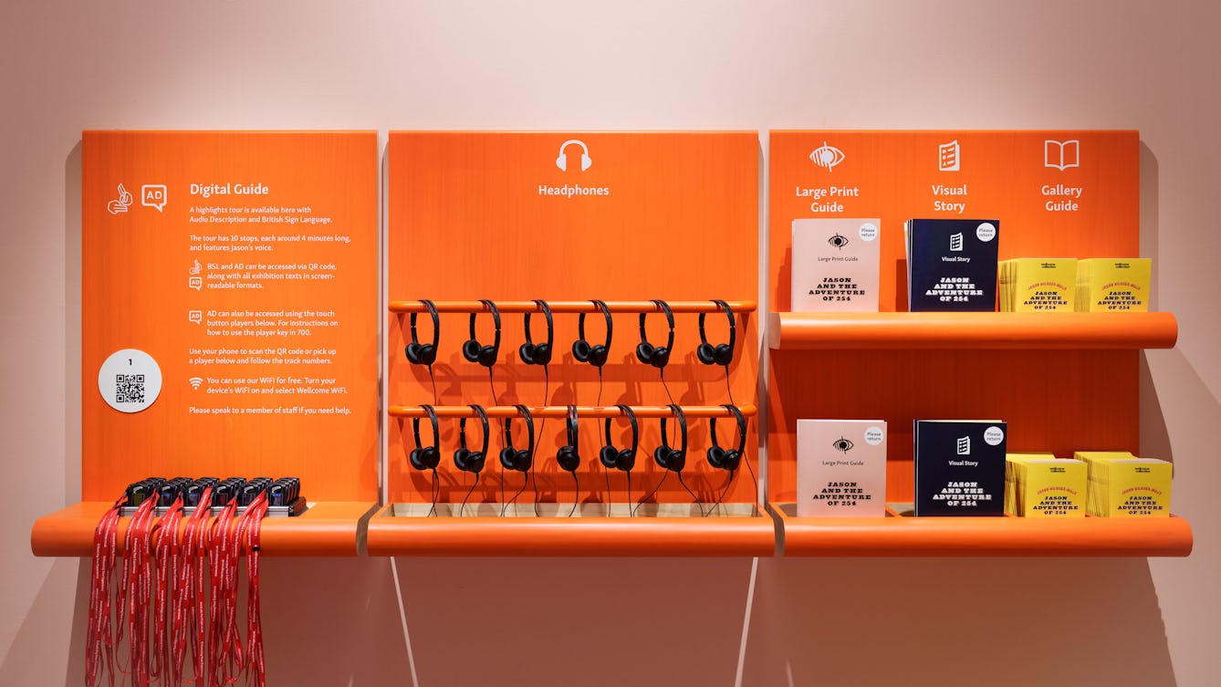 Photograph of accessibility guides available for use in the exhibition.