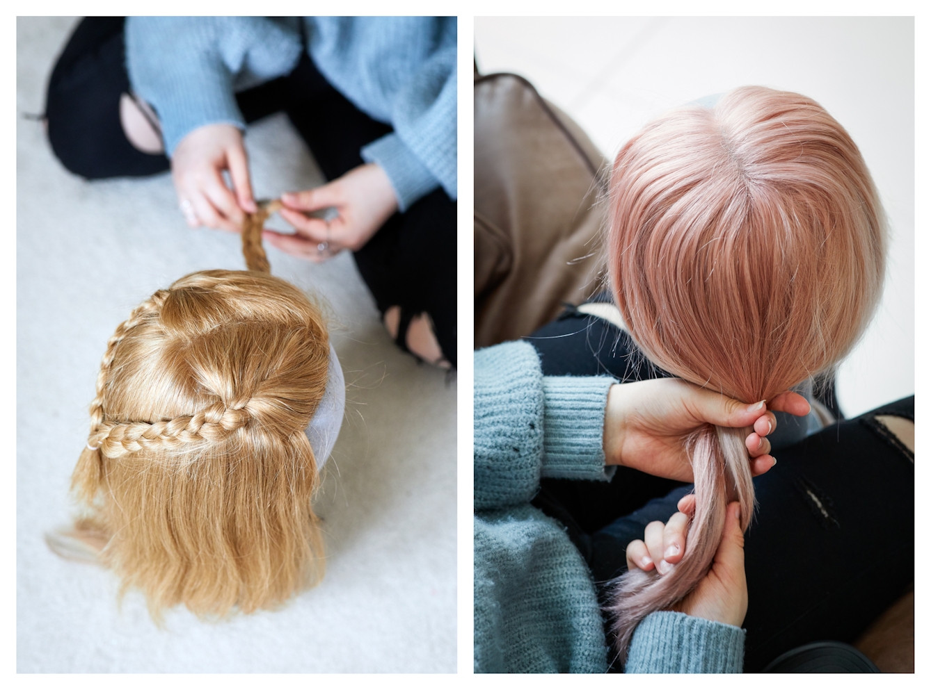 Photographic diptych. Both images are similar in that they both show a view from above looking down on a wig resting on a mannequin head. In both images there is the lap and hands of a young girl who is in the process of caring for the wigs. The main difference is that the image on the left shows a blonde wig with plaits and the image on the right show a light pink straight haired wig.