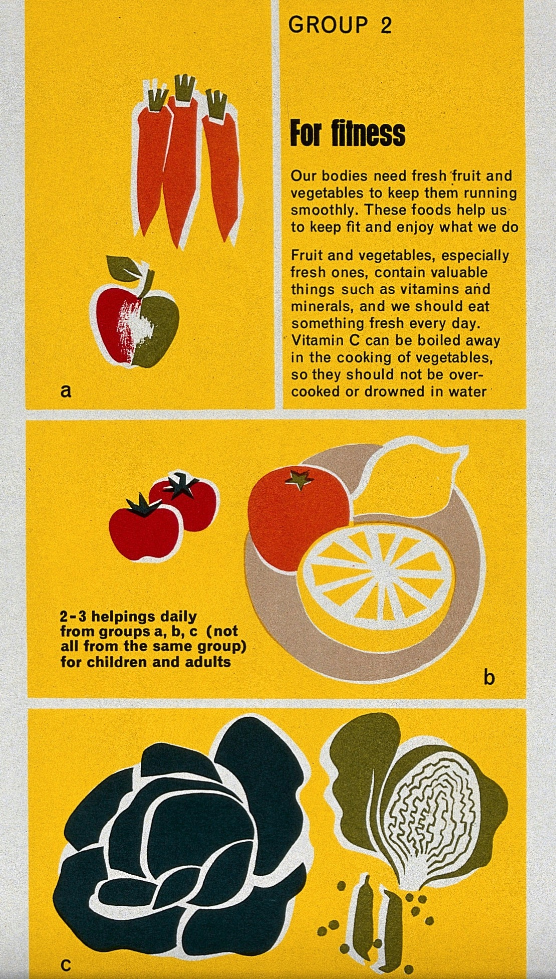 Brightly coloured leaflet promoting the eating of fruit and vegetables "for fitness" with a warning that these foods should not be "drowned in water".