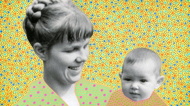 Artwork created by painting over the surface of a black and white photographic print with colourful paint. The artwork shows the original heads of two individuals from the photograph, on the left an adult woman and on the right a young baby. The baby is being held in the adult