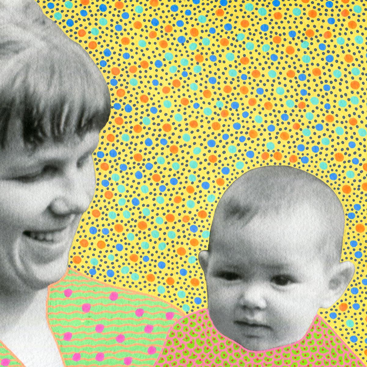 Artwork created by painting over the surface of a black and white photographic print with colourful paint. The artwork shows the original heads of two individuals from the photograph, on the left an adult woman and on the right a young baby. The baby is being held in the adult's arms. Apart from the heads the rest of the image is a painted yellow background covered in small green, orange and blue dots. The individual's clothes are painted differently, the adult's has a green background with wavy orange horizontal lines and pink spots. The baby's is green with pink cell like patterns with red centres.
