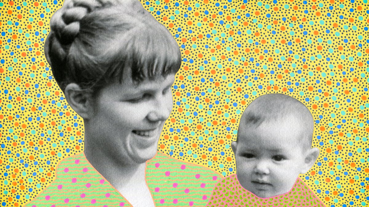 Artwork created by painting over the surface of a black and white photographic print with colourful paint. The artwork shows the original heads of two individuals from the photograph, on the left an adult woman and on the right a young baby. The baby is being held in the adult's arms. Apart from the heads the rest of the image is a painted yellow background covered in small green, orange and blue dots. The individual's cloths are painted differently, the adult's has a green background with wavy orange horizontal lines and pink spots. The baby's is green with pink cell like patterns with red centres.