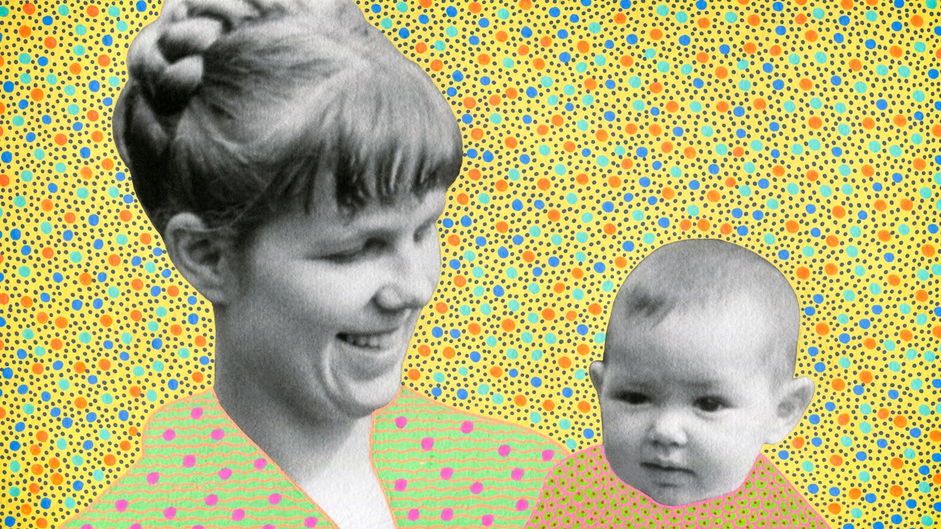 Artwork created by painting over the surface of a black and white photographic print with colourful paint. The artwork shows the original heads of two individuals from the photograph, on the left an adult woman and on the right a young baby. The baby is being held in the adult's arms. Apart from the heads the rest of the image is a painted yellow background covered in small green, orange and blue dots. The individual's clothes are painted differently, the adult's has a green background with wavy orange horizontal lines and pink spots. The baby's is green with pink cell like patterns with red centres.