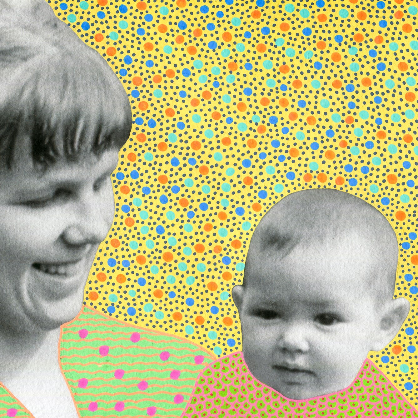 Artwork created by painting over the surface of a black and white photographic print with colourful paint. The artwork shows the original heads of two individuals from the photograph, on the left an adult woman and on the right a young baby. The baby is being held in the adult's arms. Apart from the heads the rest of the image is a painted yellow background covered in small green, orange and blue dots. The individual's cloths are painted differently, the adult's has a green background with wavy orange horizontal lines and pink spots. The baby's is green with pink cell like patterns with red centres.