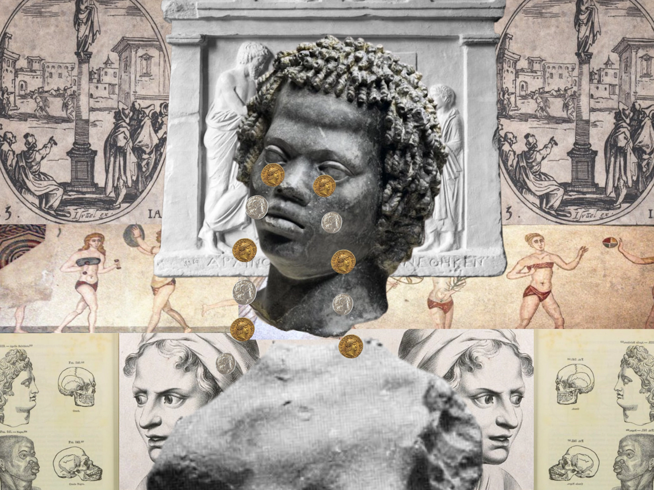 Detail from a larger digital montage artwork using a collage of archive material, photographs and paintings. The artwork is full of content comprising elements which have been cut-out and layered on top of each other and around each other. The overall theme of imagery is bodily depiction from the Roman and Ancient Greek periods. The collage has a symmetry with element on the left being mirrored and repeated on the right, sometime flipped and other times not. Central to the artwork is a composite torso and head. The head is Greek in origin and shows a neutral face with tightly curled hair. From their eyes gold and silver coins have been overlaid as if they are tears. 