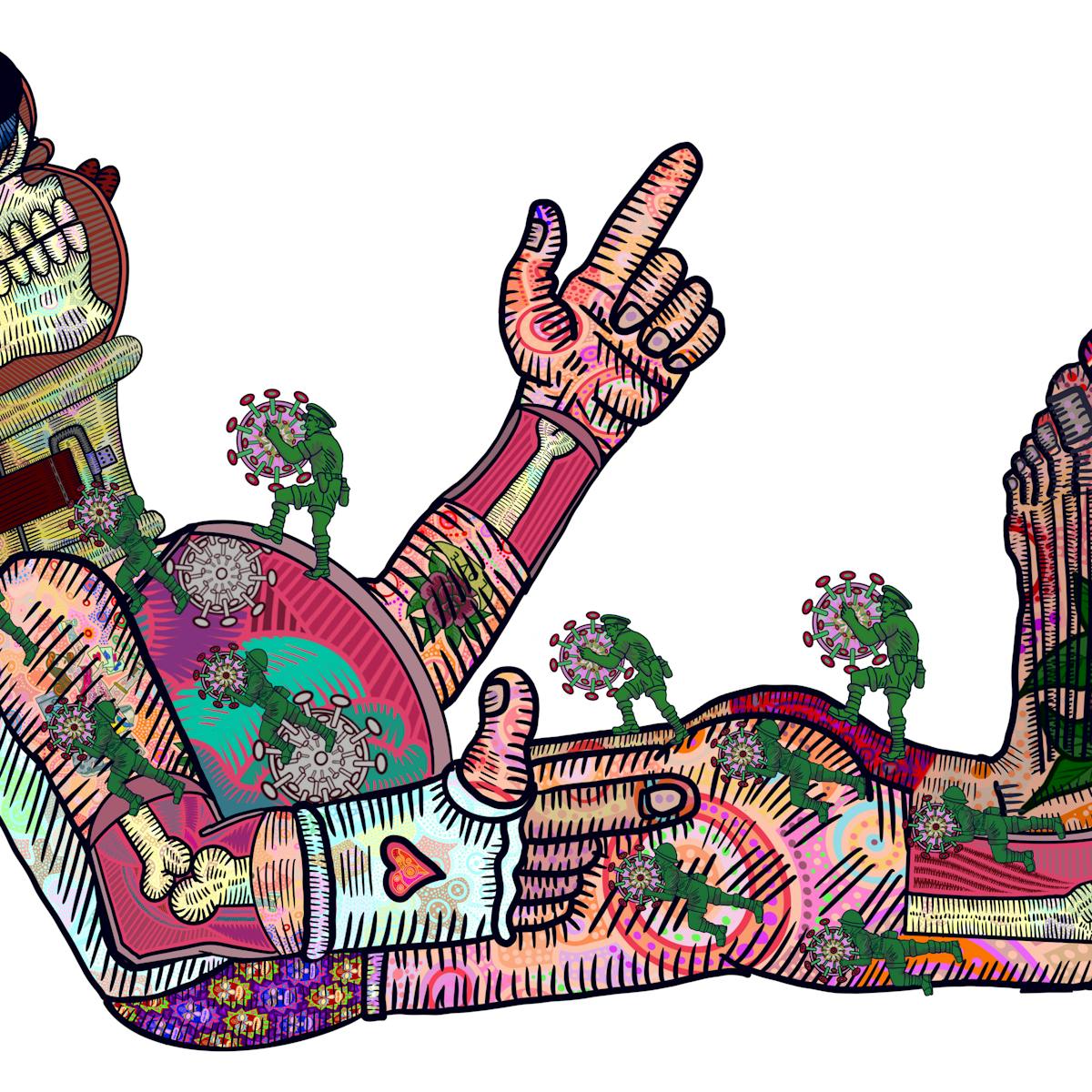 A  semi-reclining figure has one arm half raised with index finger pointing up and the other arm beside the body but also with index finger pointing. Both legs are extended and end a pair of large bare feet. The body is covered in colourful patterns and designs and what appears to be a neck brace or stiff collar around the neck. The round head is see-through, showing the lower half of the skull with jawbone and teeth in profile and the upper half of the head is filled by the brain and an over-sized eyeball. Several small green 'toy' soldiers are climbing over the figure, moving towards the head. Each small figure carries the model of a virus molecule.