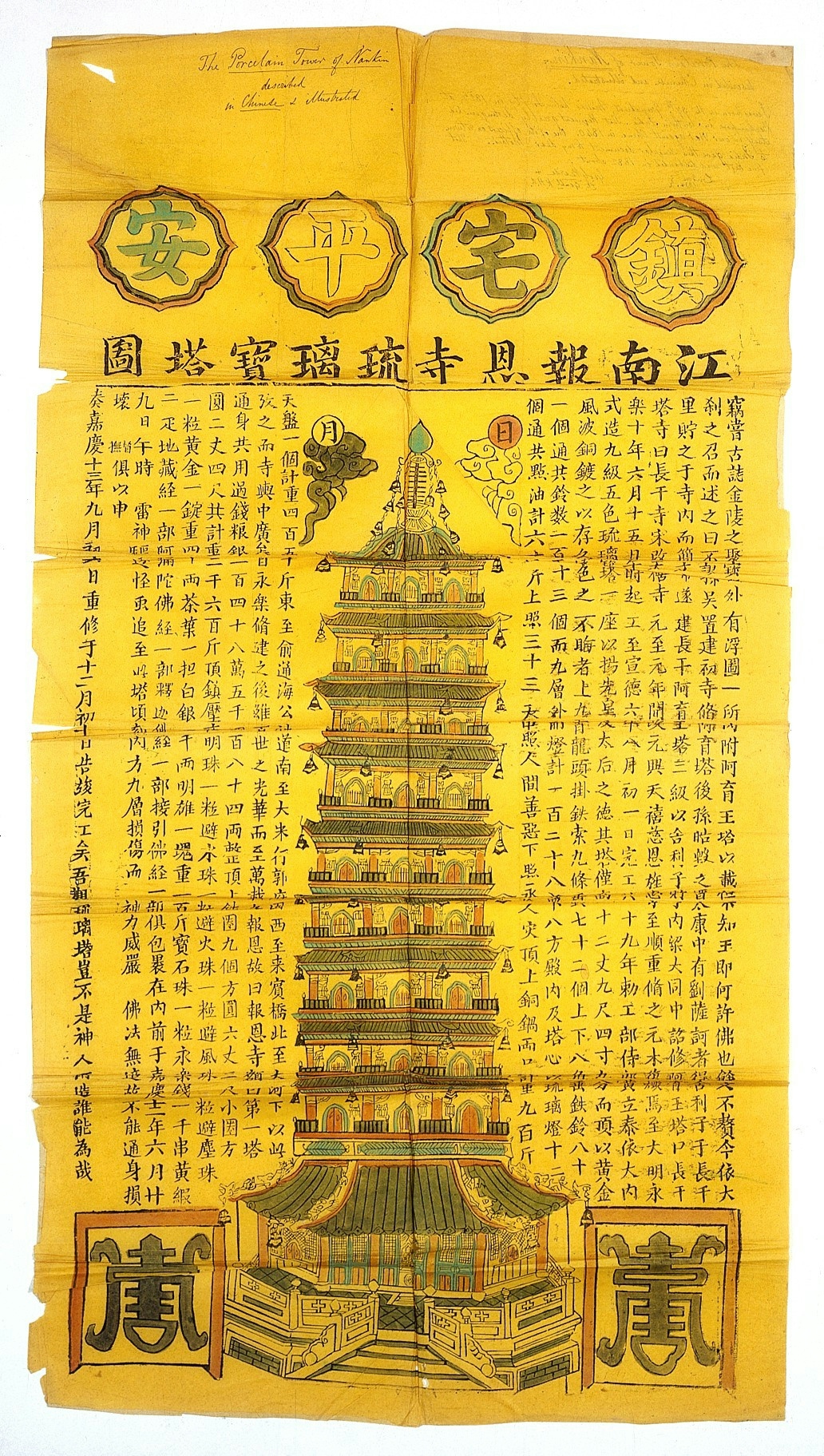 Pictorial map of the porcelain pagoda (or stupa) of the Pao-en-szu of Nanking, surrounded by written characters.