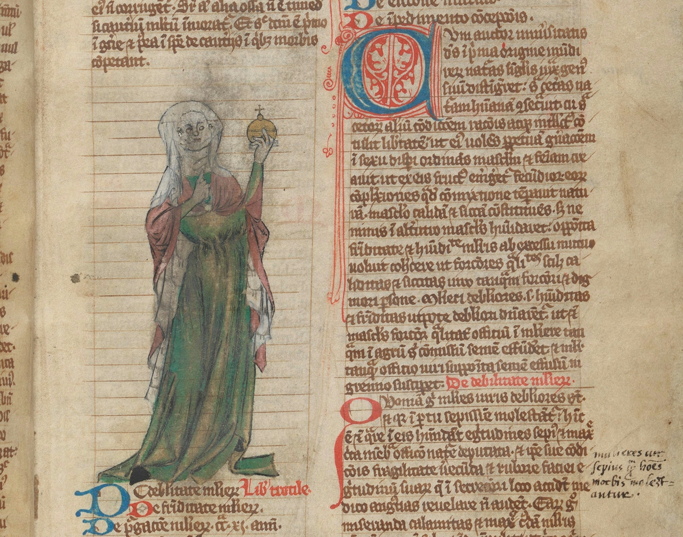Pen and wash drawing showing a standing female healer, perhaps of Trotula, clothed in red and green with a white headdress, holding up a urine flask to which she points with her right hand.