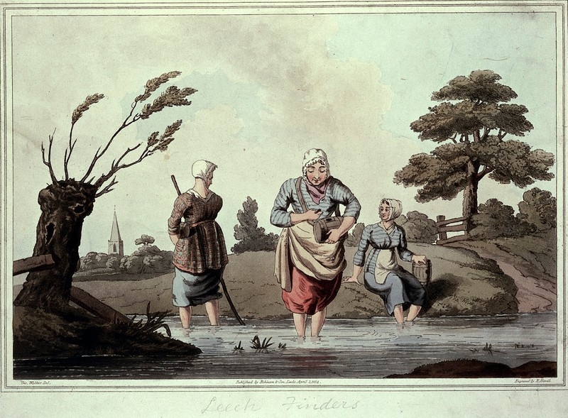 Painting of three women standing in a stream, with trees and a church spire in the background.