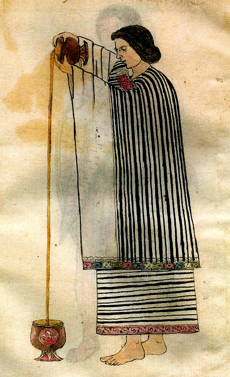 Colour reproduction of a manuscript page showing a person in a striped cloak and gown pouring cacao from one cup held up high to another on the floor.