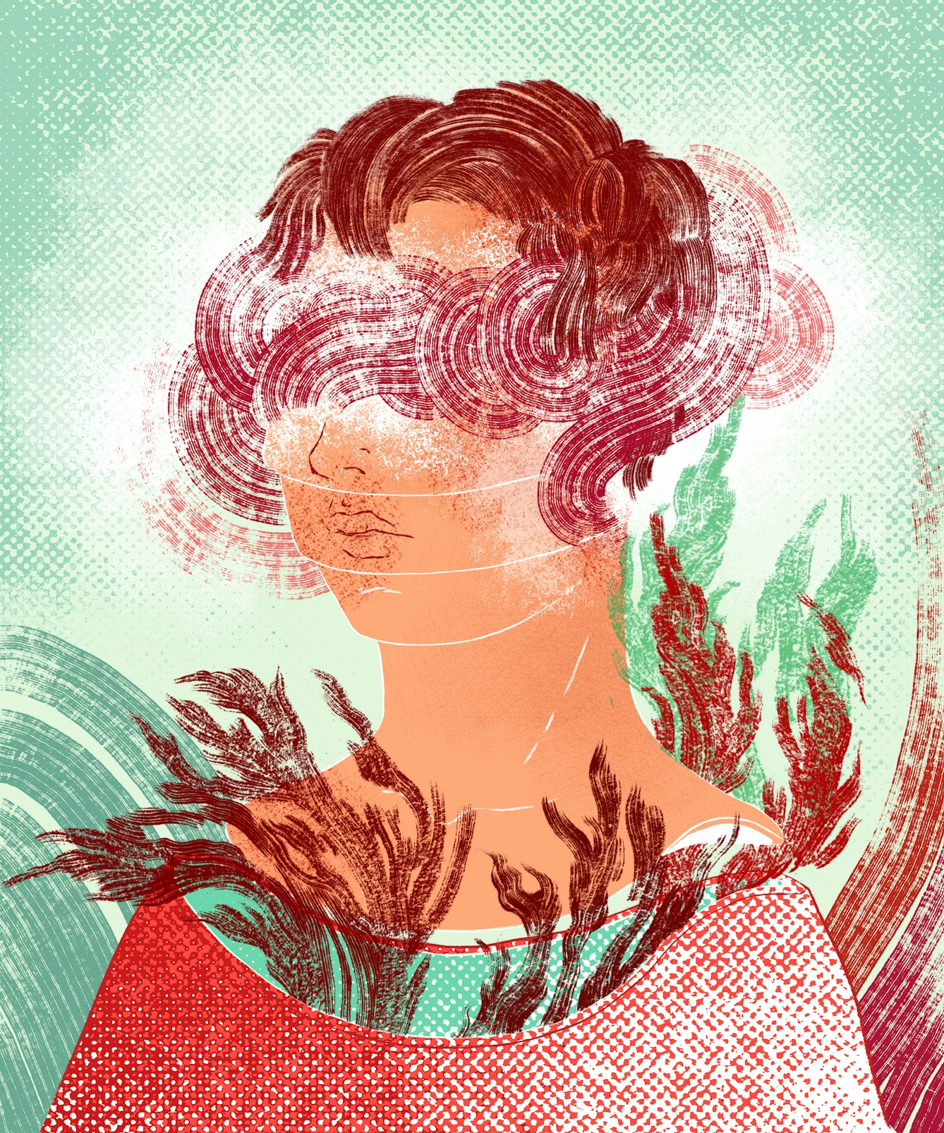 A digital illustration of a figure’s head and shoulders. The person’s body is coming apart in sections with flames and smoke rising from between the gaps. The figure’s eyes and head are engulfed with this smoke.