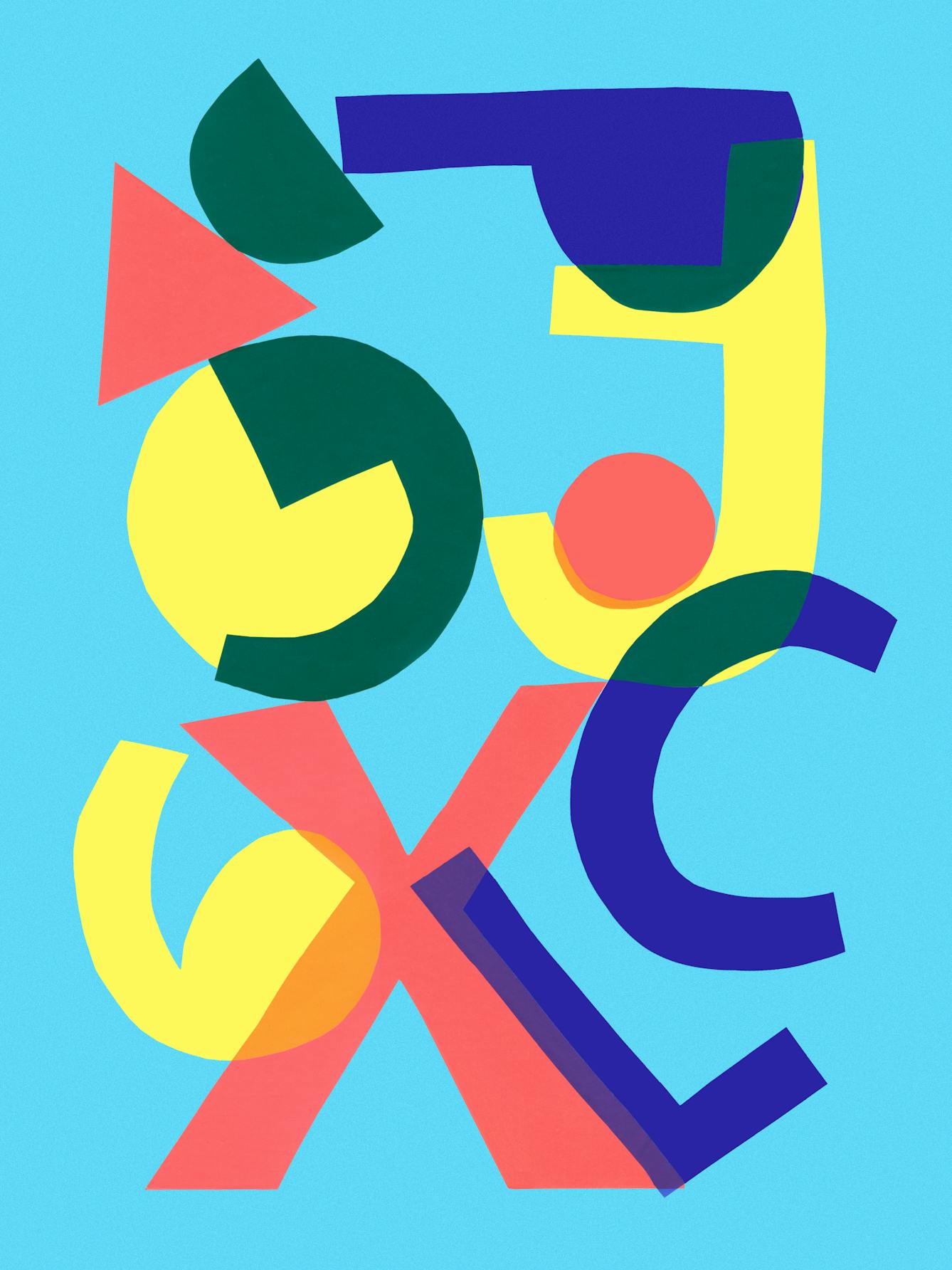 Abstract colourful artwork. The artwork has a light blue background with abstract letters and numbers scattered across it. The shapes and letters are in a variety of bright colours: yellow, pink, blue and green. The shapes and letters intersect and blur into one another. 