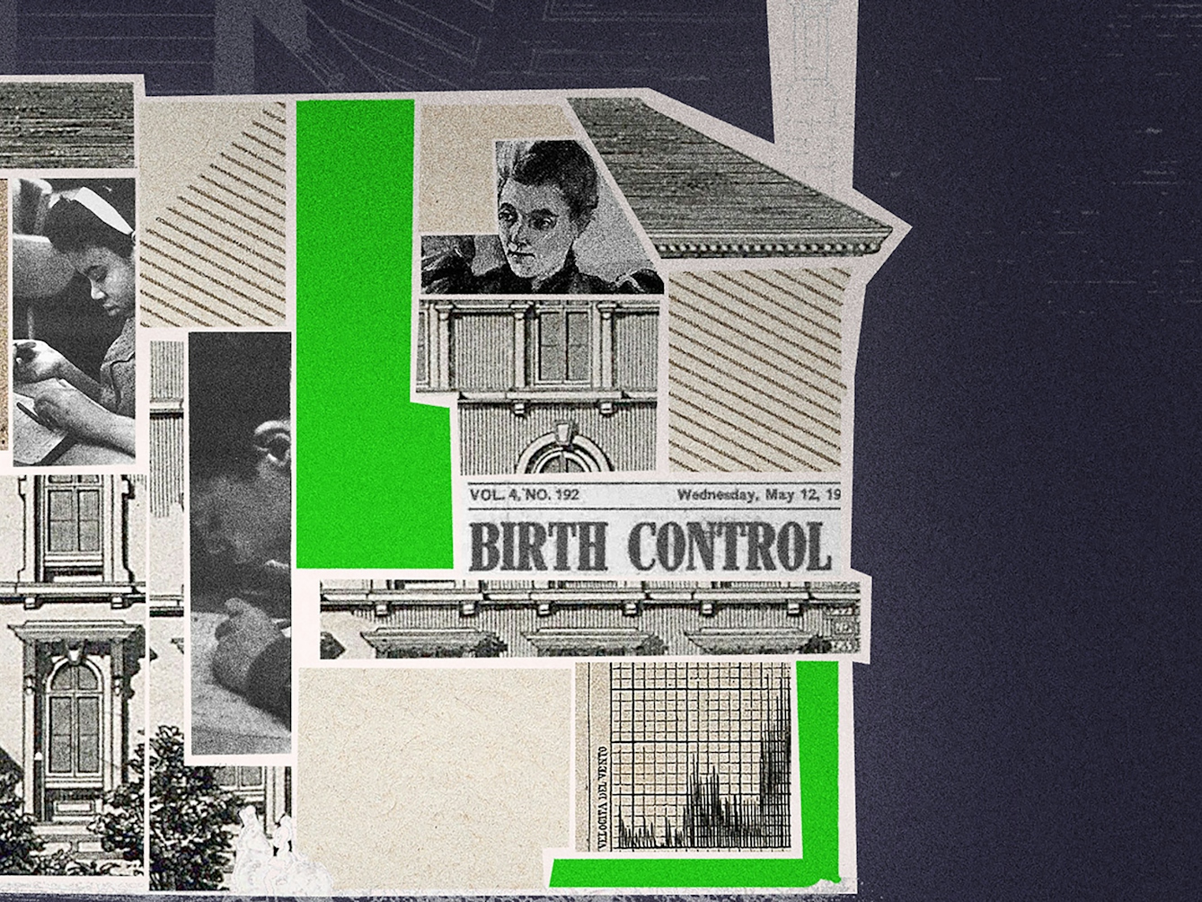 Crop from a larger digital collage. Shown is a building, labelled 'City of London Orphan School, Brixton'. The building's interior is filled with different collage elements, including newspaper headlines reading 'Eugenics', 'Second Boer War' and 'Birth Control'. There are also black and white photos of Francis Galton, John Locke and Sidney Webb. The remainder of the building is filled with green and sepia shapes. 