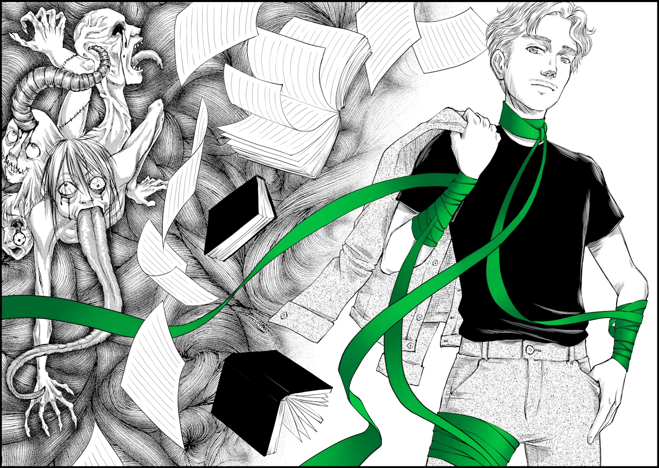 Illustration in the style of Manga graphic novels, showing a young man standing tall and proud, a green ribbon wrapped around his neck, arms and legs.Behind him to the right are illustrations of falling books and pages, and Grotesque faces with tortured expressions, eyes bulging and long twisted tongues. 
