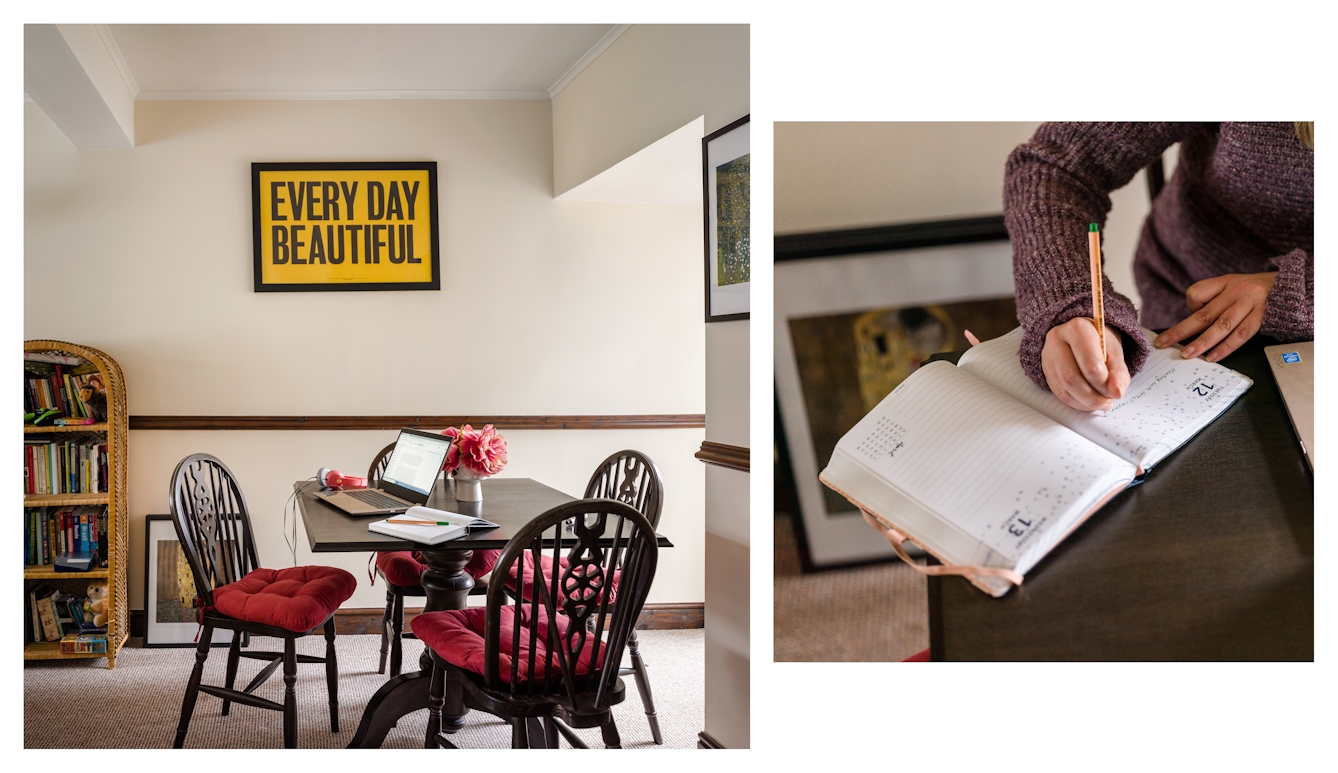 Photographic diptych showing a dinning room table with a laptop, notebooks and a flowers, on the left and a close-up of hands writing in a diary on the right.