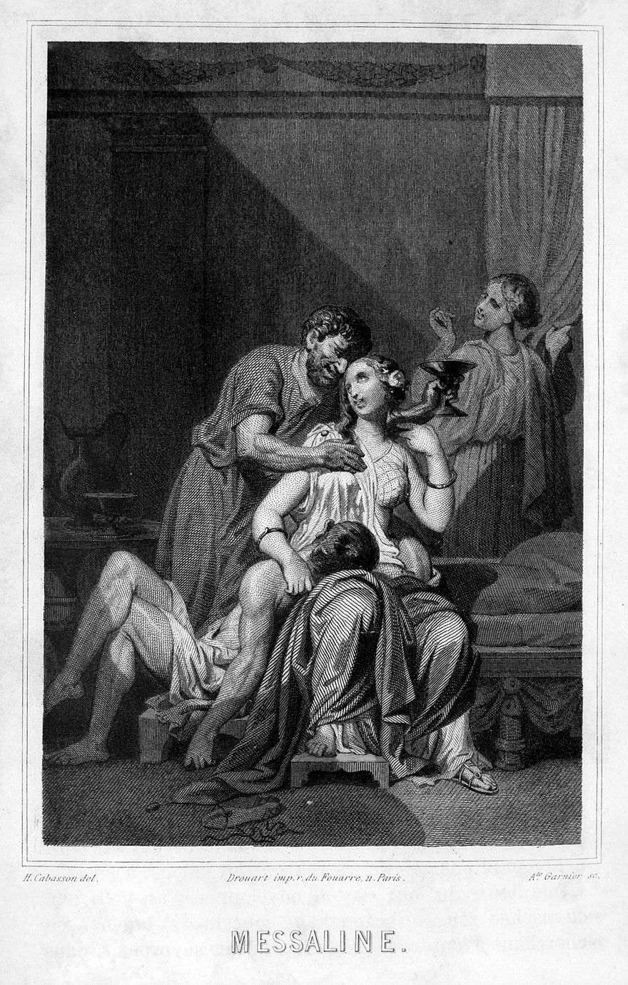A black and white drawing showing a woman sat centrally wearing a white robe, with a male figure draped over her legs. Another male is leaning over her with his arm around her holding a cocktail shaped glass in his hand. Another female in robes is in the background looking over her shoulder at the scene.