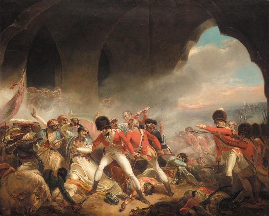 Painting depicting a battle between the East India Company and Sultan Tipu. The East India Company soldiers are dressed in traditional military clothing wearing a red jacket, white trousers and a black hat. There is smoke in the air and many of the Sultan's soldiers are on the ground injured or dead. 