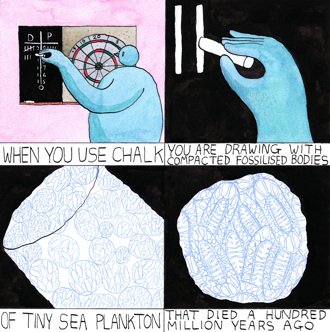 Chalk comic by Rob Bidder with four slides. The first slide shows someone tallying scores using chalk, and subsequent slides show the chalk in more detail. The final slide displays the chalk in microscopic detail to reveal the fossilised sea plankton.