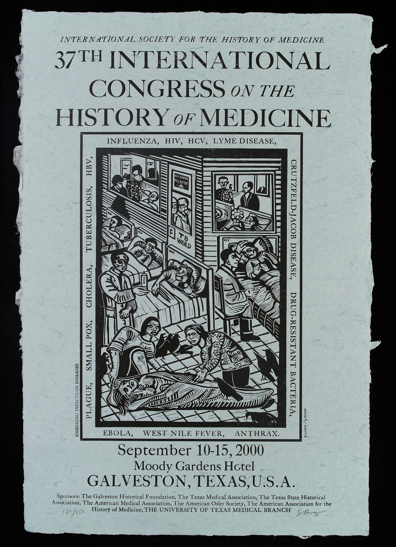 Relief engraving based on a woodcut print from 1500. It shows patients in hospital beds, suffering from various kinds of infectious diseases.