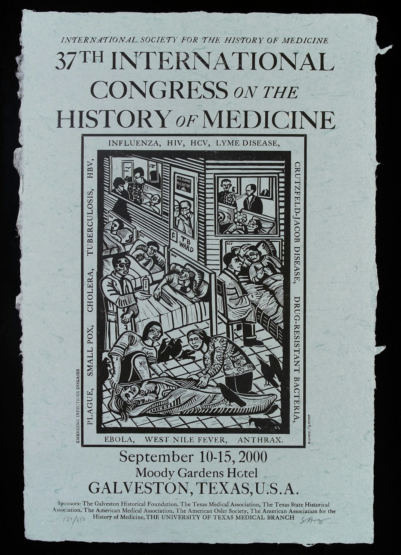 Relief engraving based on a woodcut print from 1500. It shows patients in hospital beds, suffering from various kinds of infectious diseases. 