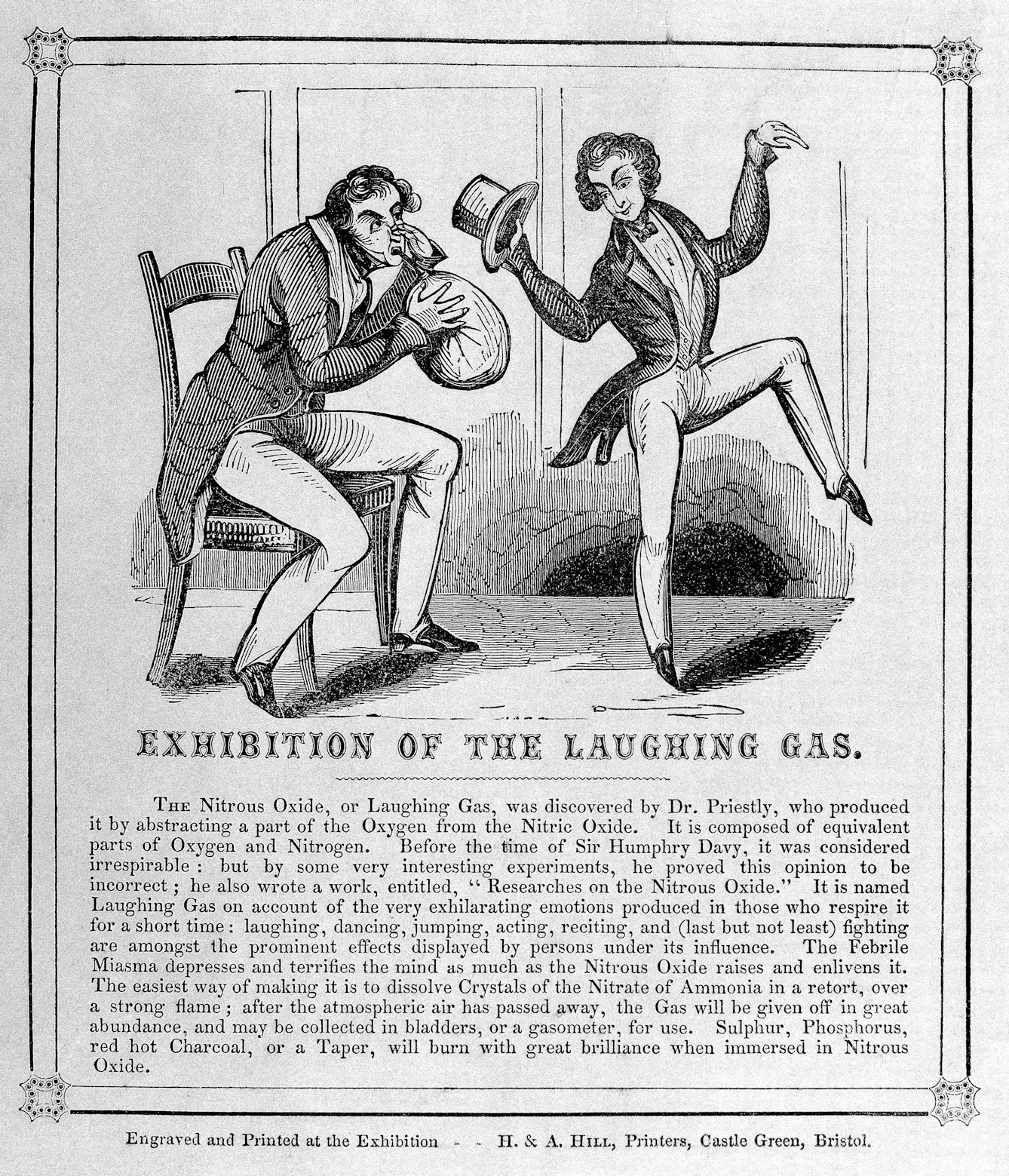 19th century printed engraving of two men in fine clothing. On esits on a chair inhaling gas from a baloon, the other is dancing on one leg while holding his top hat in his right hand,